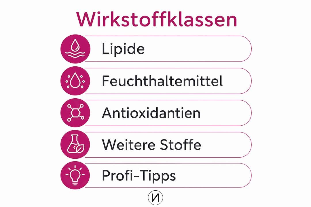 Übersicht der wichtigsten Wirkstoffgruppen im Kosmetik-Glossar – verständlich erklärt als Infografik