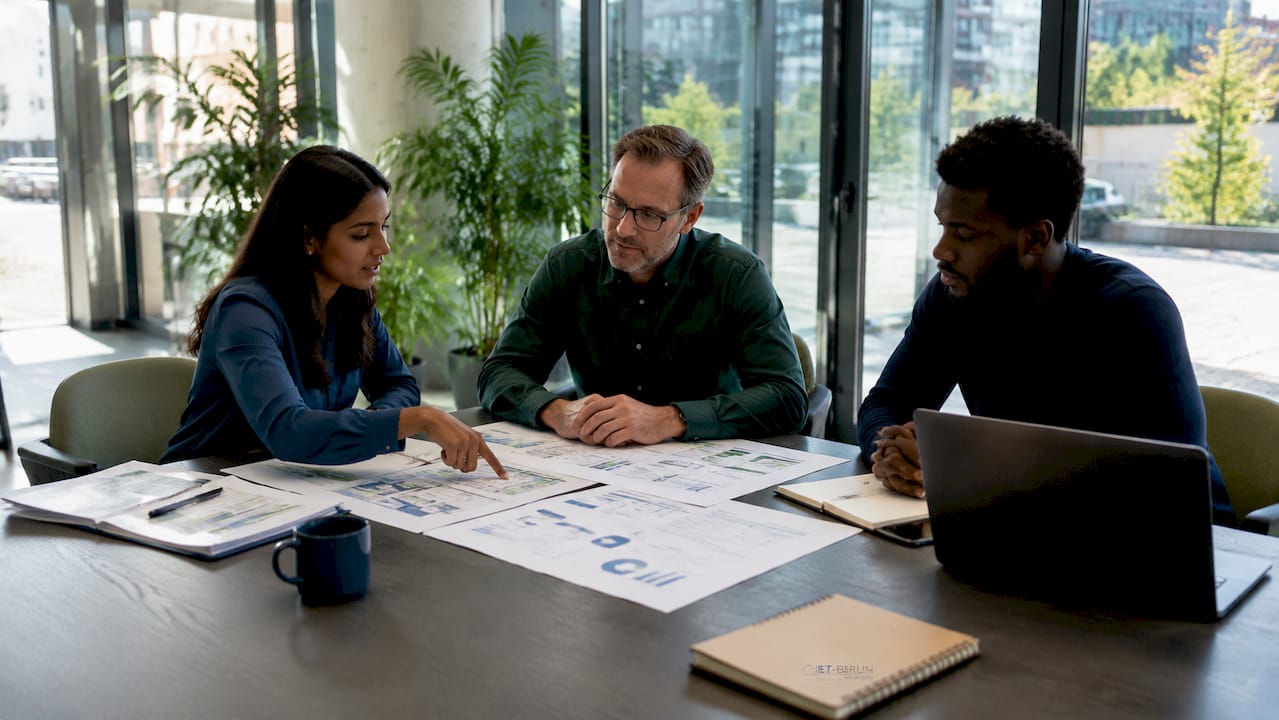 Das Team tauscht sich über Berichte zu Energieeinsparungen durch IoT-Lösungen aus.