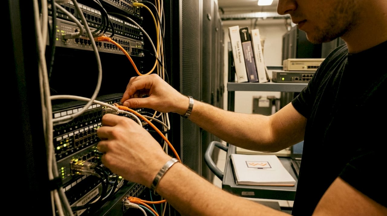Hände nehmen Feineinstellungen an einem Server-Rack im Rechenzentrum vor.