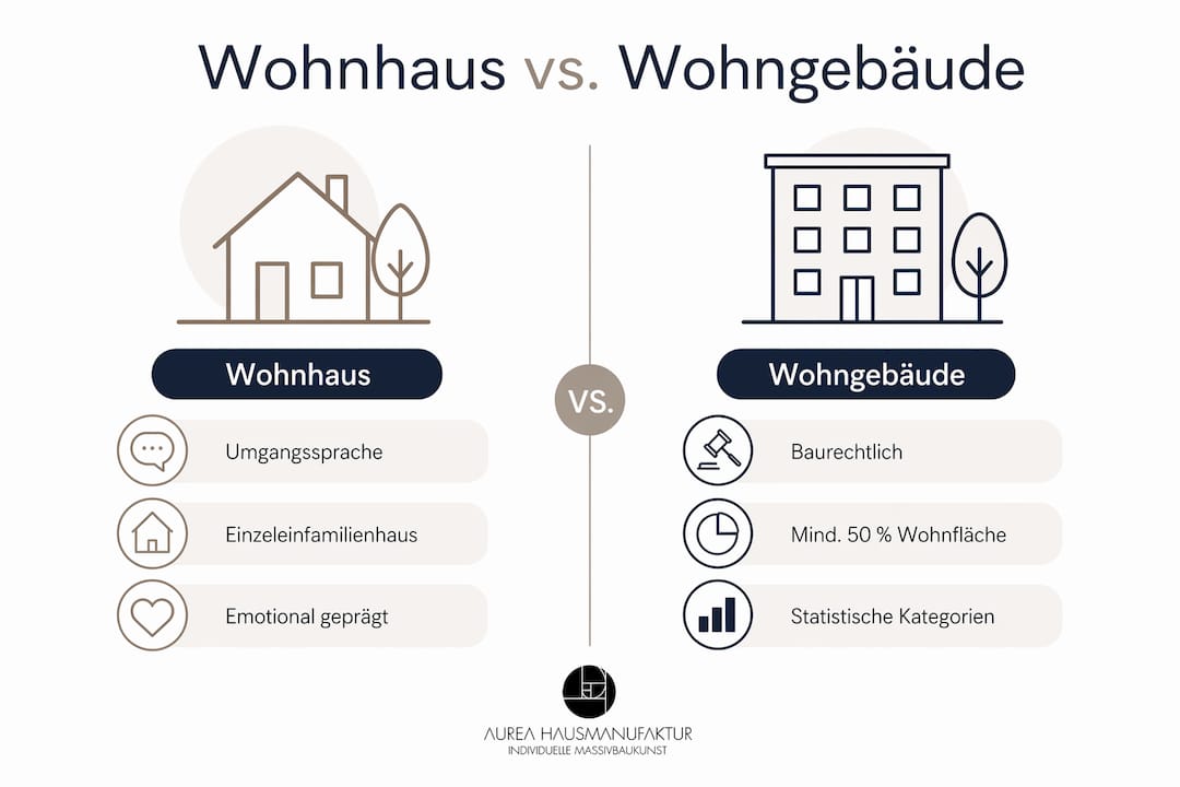Infografik: Gegenüberstellung von Wohnhaus und Wohngebäude – Eigenschaften im Überblick