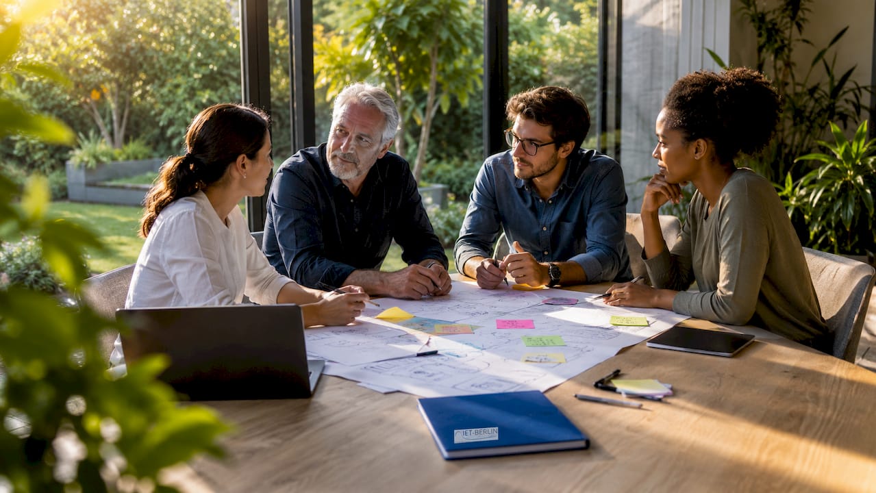 Ein Team arbeitet gemeinsam an der digitalen Planung eines Bauprojekts.