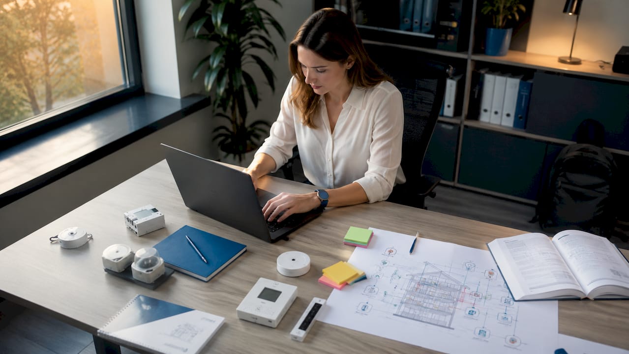 Eine Ingenieurin arbeitet am Laptop und entwickelt innovative Lösungen für die Gebäudetechnik.