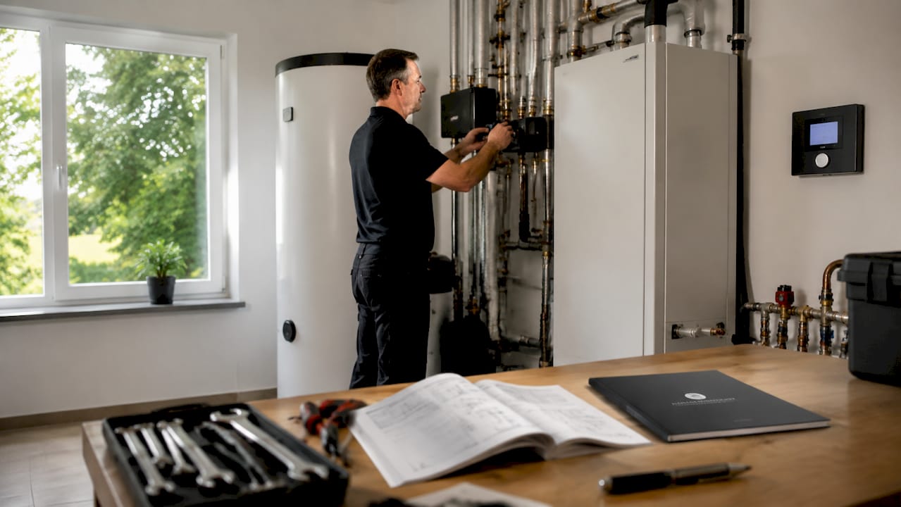 Ein Servicetechniker nimmt im Technikraum die Feinabstimmung der Wärmepumpe vor.