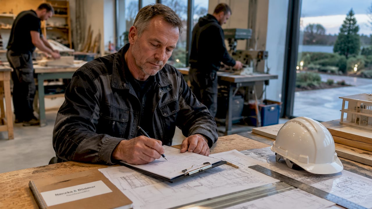 Ein Mitarbeiter trägt seine Arbeitszeiten direkt im Büro der Produktion ein.