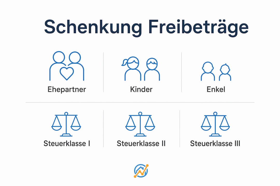 Die Infografik gibt einen Überblick über Steuerfreibeträge und Steuerklassen bei der Schenkung von Immobilien.
