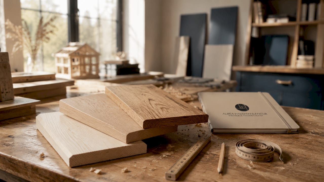 Detailaufnahme verschiedener Holzproben auf einem Tisch