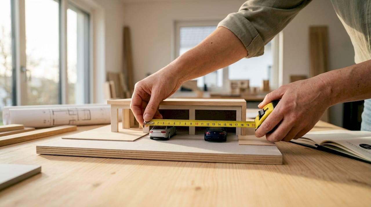 Mit den Händen wird der Abstand zwischen zwei Modellautos bestimmt.