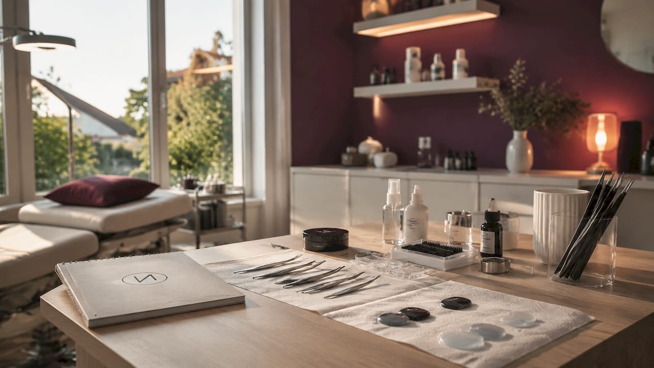 Ein Blick von oben auf einen Arbeitsplatz mit allem, was man fürs Wimpernstyling braucht.