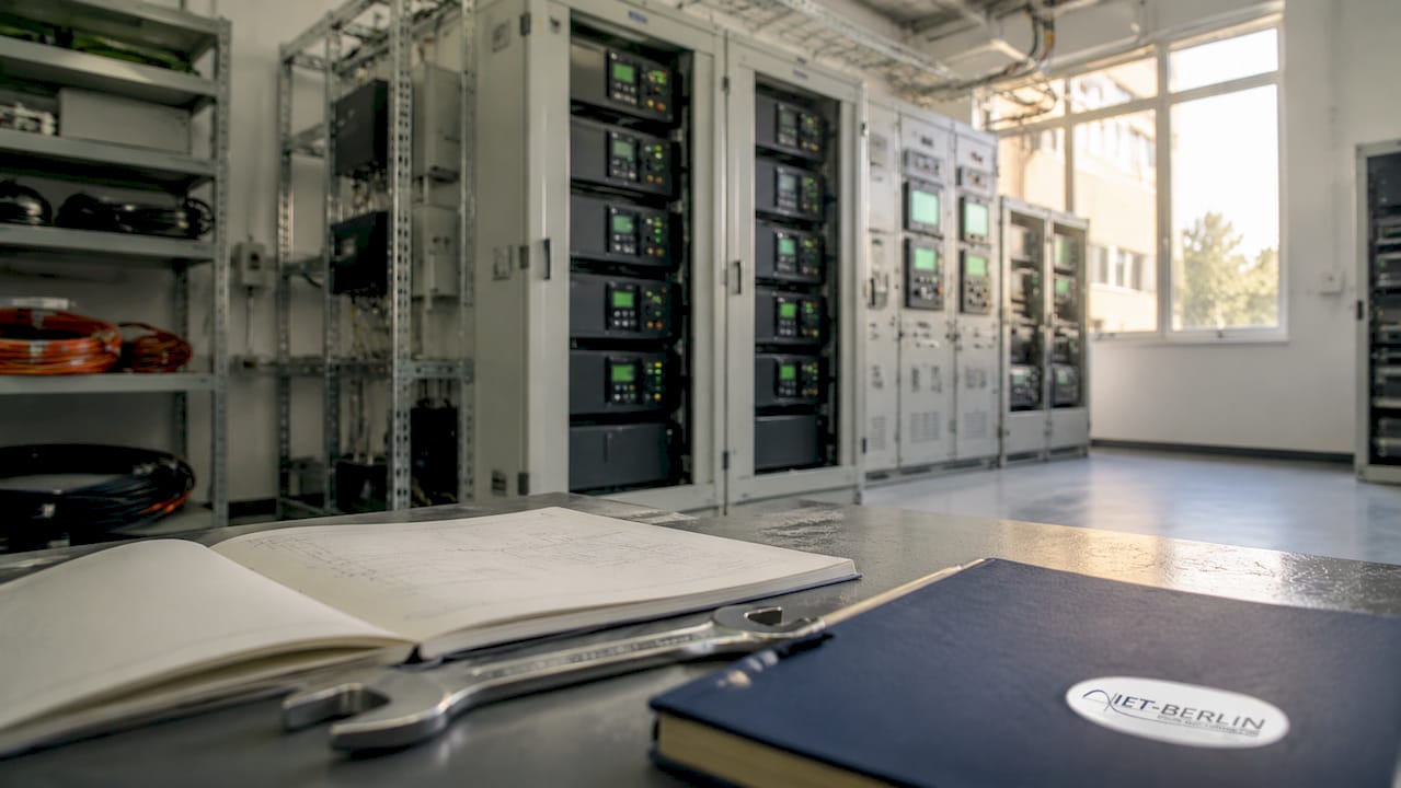 Das Steuerungspanel einer modernen Notstromanlage im Technikraum.