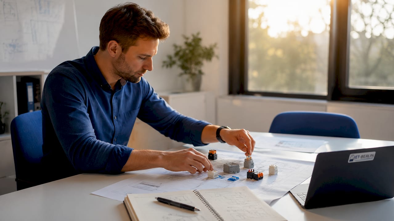 Die Hände eines Elektroplaners bei der Arbeit an verschiedenen Planungsschritten