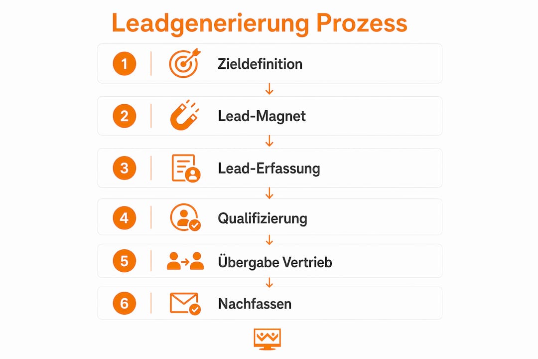 Sechs Schritte zur erfolgreichen Leadgenerierung – anschaulich dargestellt in einer Infografik