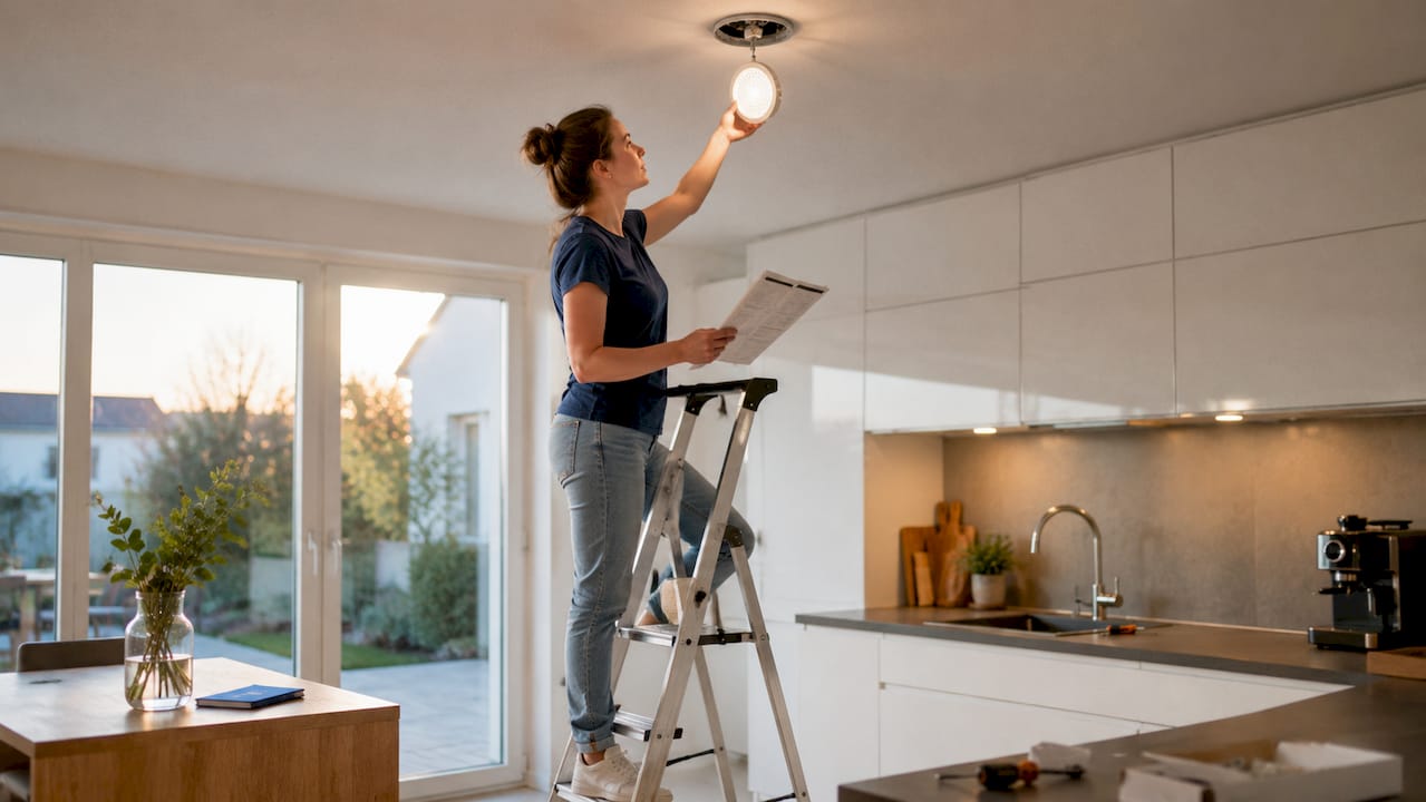 Eine Frau bringt im Wohnzimmer eine neue LED-Lampe an.