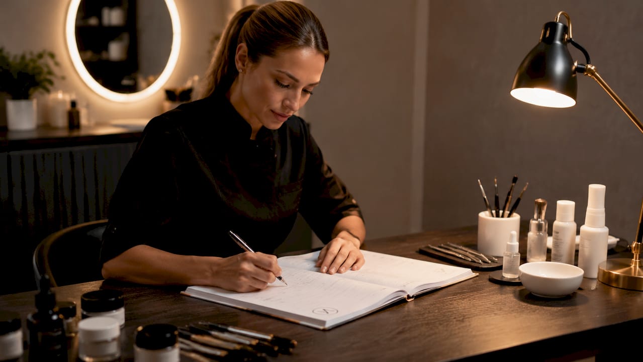Mit Stift und Papier entsteht ein individueller Lernplan für die Kosmetikausbildung.