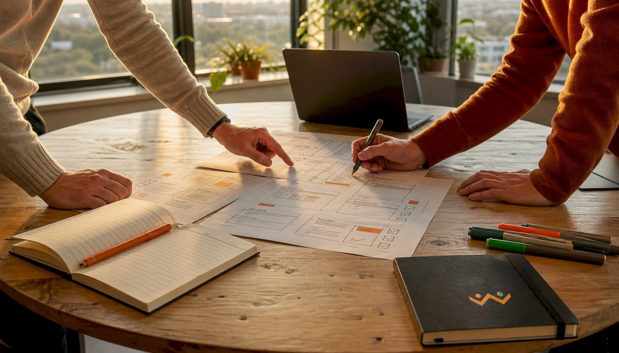 Detailaufnahme von Händen, die gemeinsam über ausgedruckte Abläufe im Marketing-Automatisierung diskutieren.