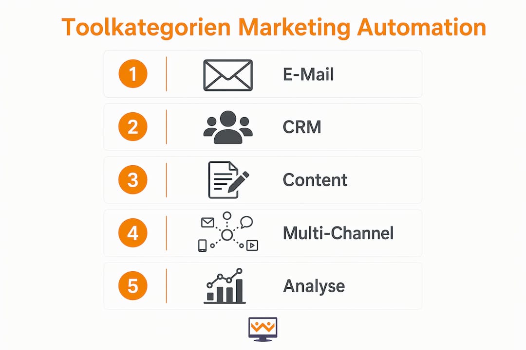 Die Infografik veranschaulicht die verschiedenen Kategorien von Marketing-Automation-Tools in ihrem typischen Ablauf von oben nach unten.