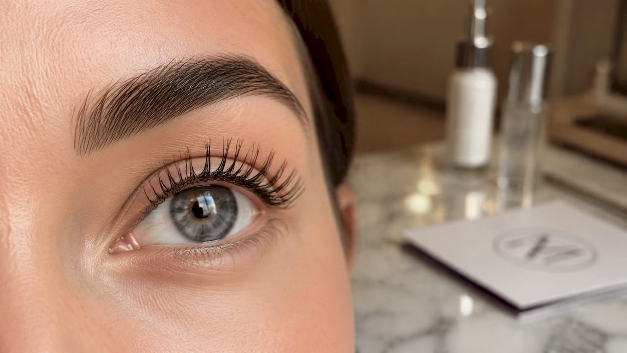 Detailaufnahme eines Auges mit frisch gelifteten Wimpern