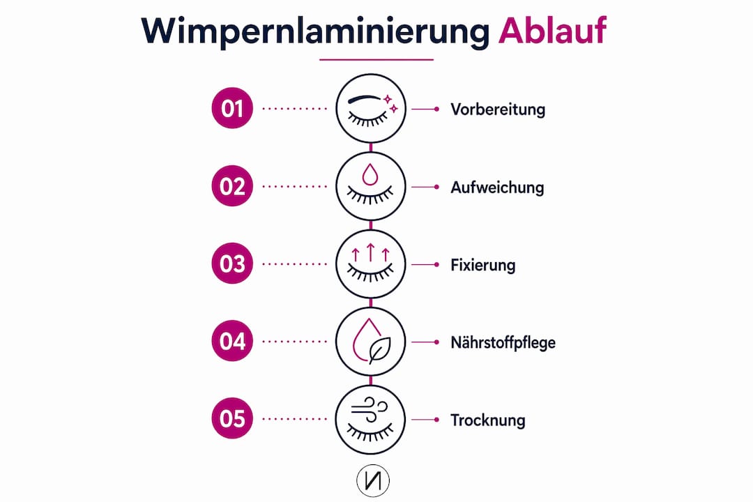 Die Infografik veranschaulicht Schritt für Schritt, wie eine Wimpernlaminierung abläuft.