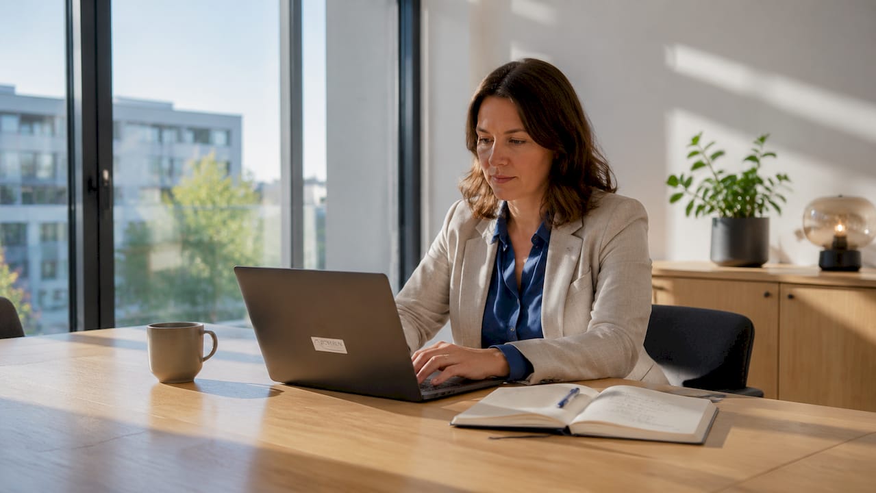 Zu Hause arbeitet eine Frau am Laptop und organisiert ihre Projekte.
