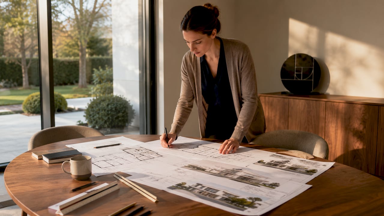 Ein Architekt begutachtet am Schreibtisch die Entwürfe einer Villa im Bauhaus-Stil.