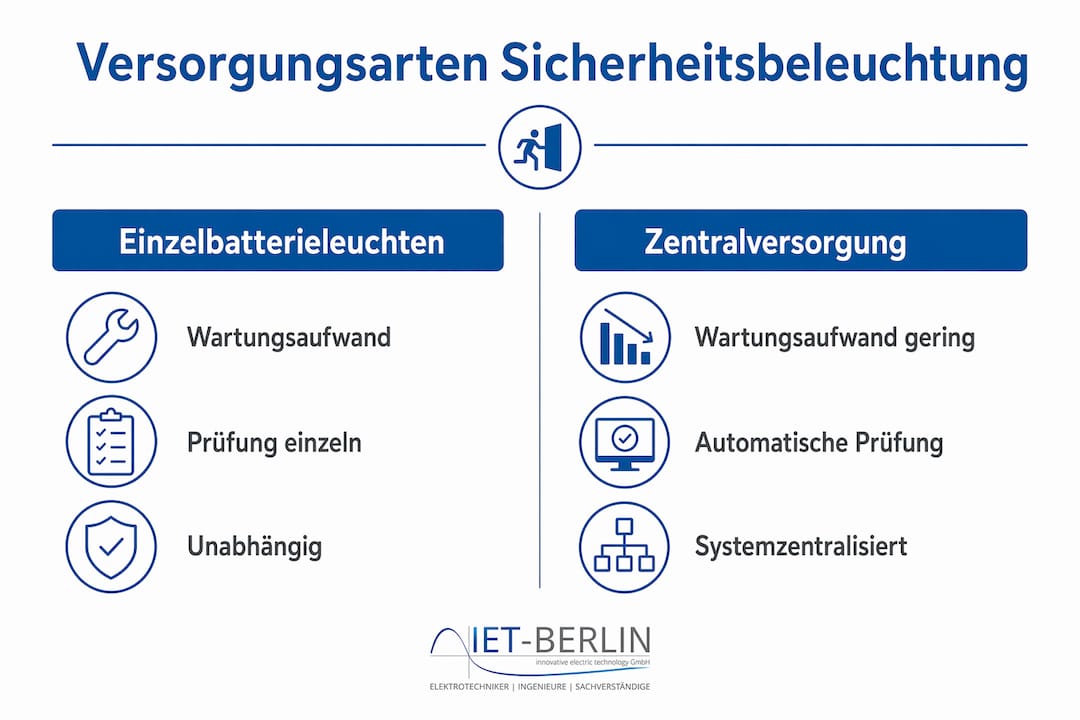 Übersichtsgrafik: Verschiedene Versorgungslösungen für Sicherheitsbeleuchtung im direkten Vergleich