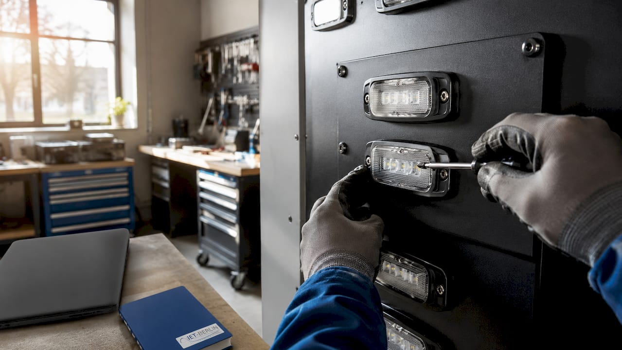 Ein Servicetechniker nimmt die Sicherheitsbeleuchtung in Betrieb und stellt sie fachgerecht ein.