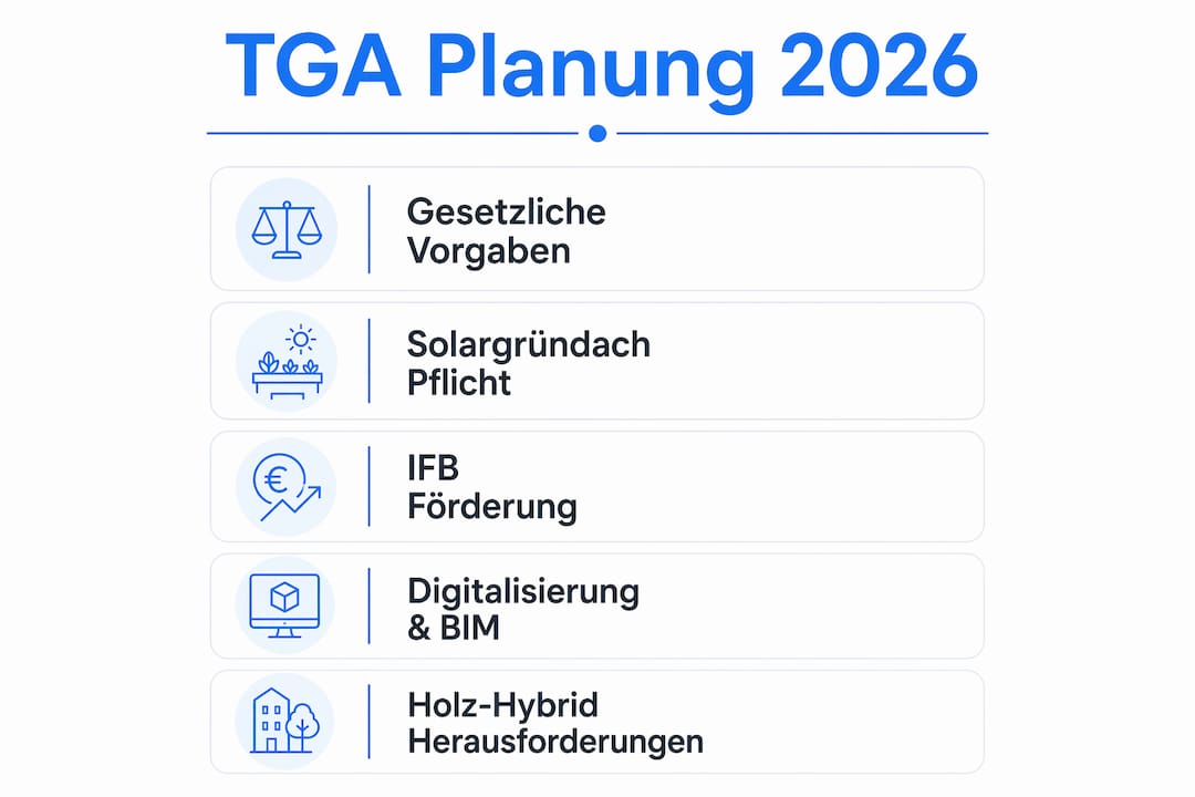 Übersichtsgrafik: Schritte der TGA-Planung und Fördermöglichkeiten im Jahr 2026