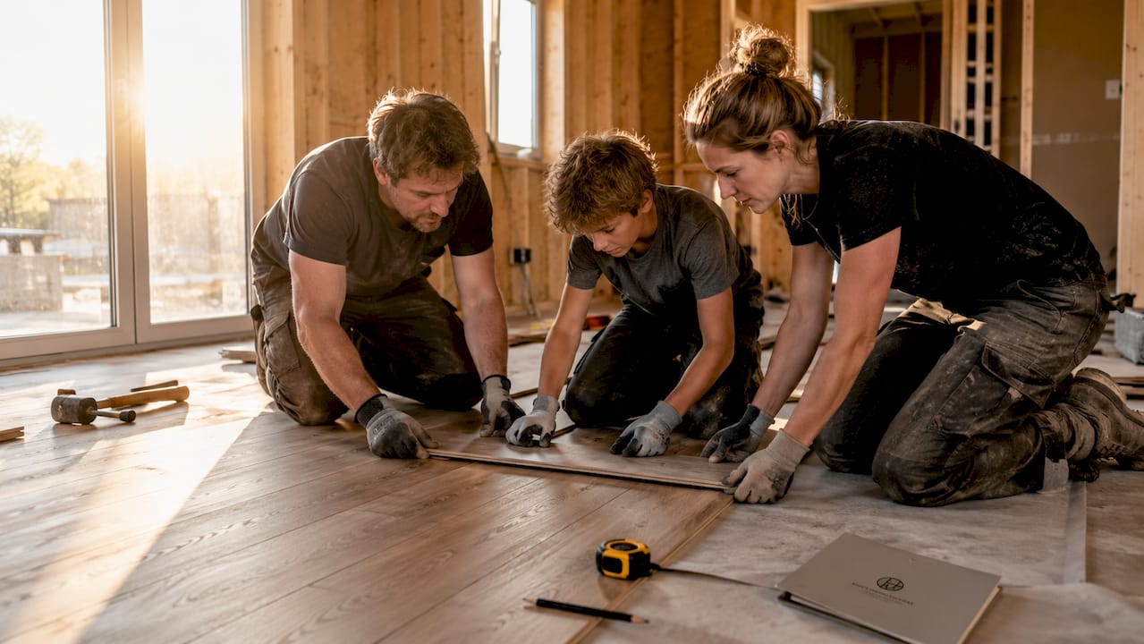 Gemeinsam packt die Familie beim Verlegen des neuen Parkettbodens an.