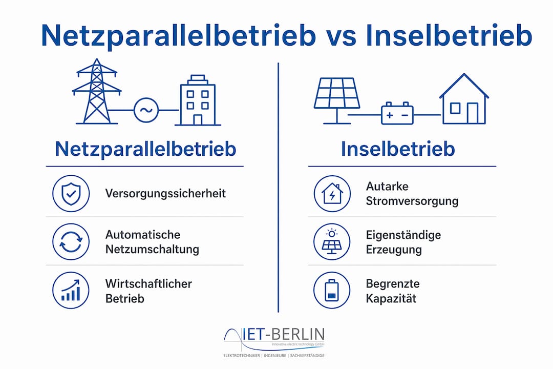 Gegenüberstellung: Netzbetrieb vs. Inselbetrieb – Infografik zum Vergleich der Betriebsarten