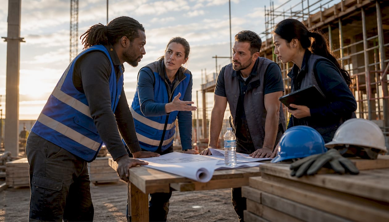 Das Team bespricht sich auf der Baustelle
