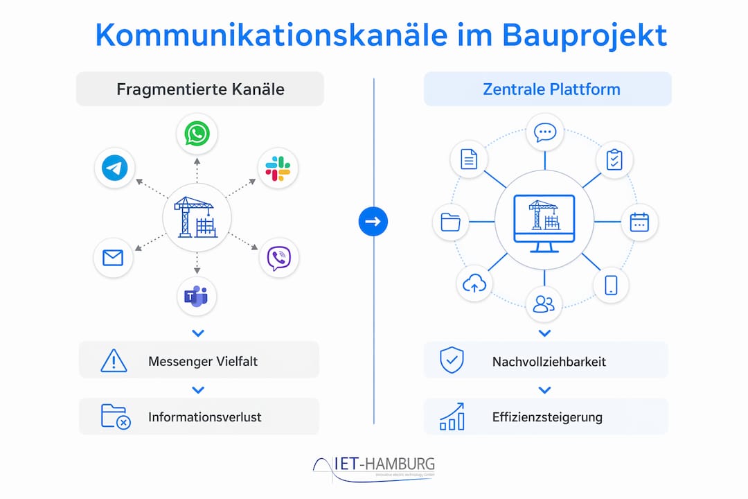 Die Infografik bietet einen anschaulichen Überblick über die verschiedenen Kommunikationswege im Bauprojekt und vergleicht deren Vor- und Nachteile.