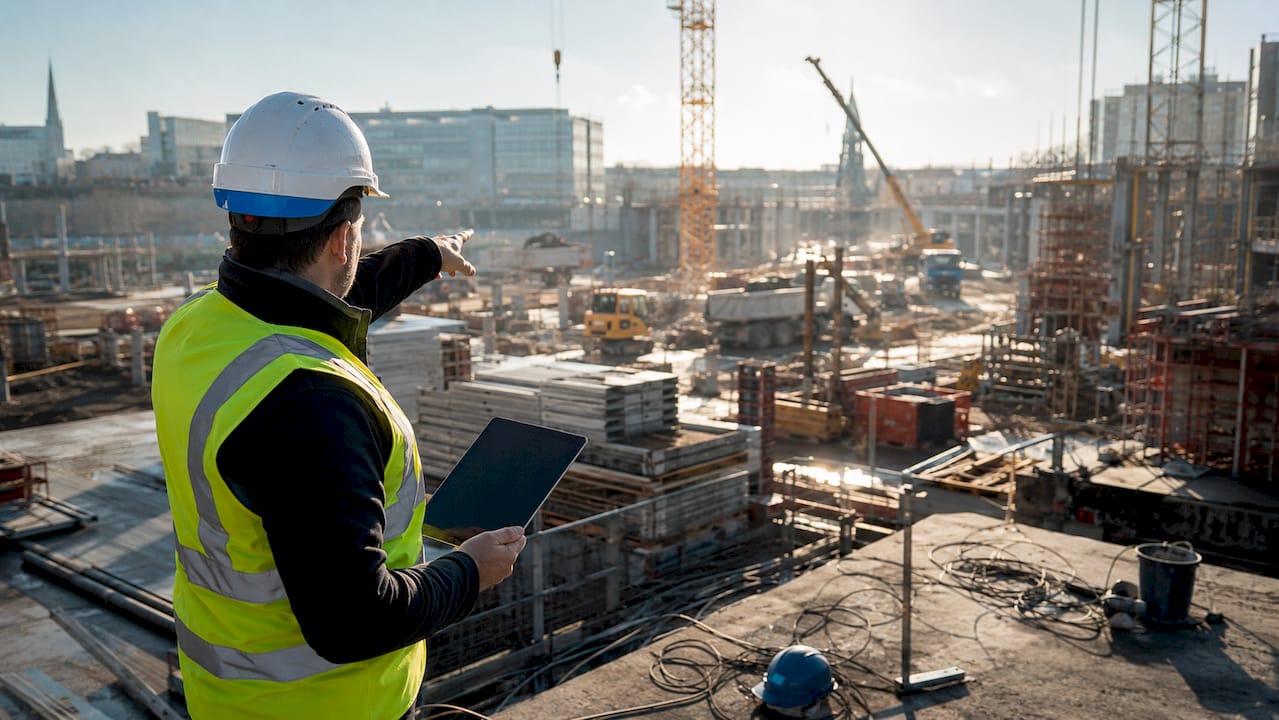 Ein Bauleiter prüft mit dem Tablet die Baupläne auf der Baustelle – der Fokus liegt auf seinen Händen.