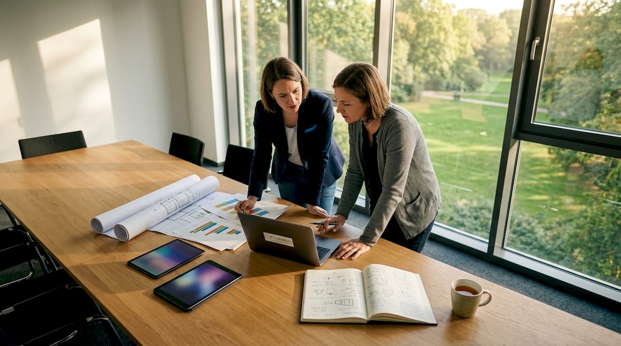 Architektinnen tauschen sich über digitale Lösungen für das Budgetmanagement aus.