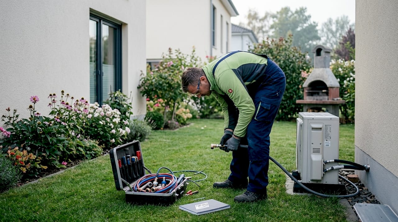 Ein Fachmann baut eine Wärmepumpe im Garten ein.