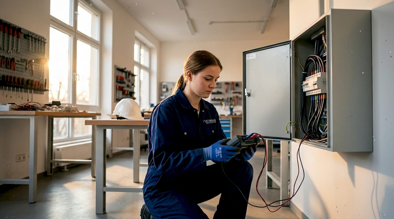 Ein Techniker prüft die Isolierung eines Elektroschaltschranks.