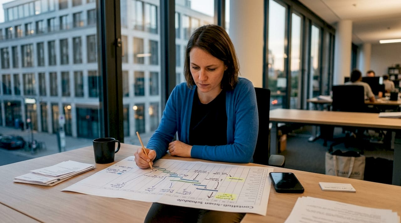 Im Büro wirft die Projektmanagerin einen prüfenden Blick auf den aktuellen Bauzeitenplan.
