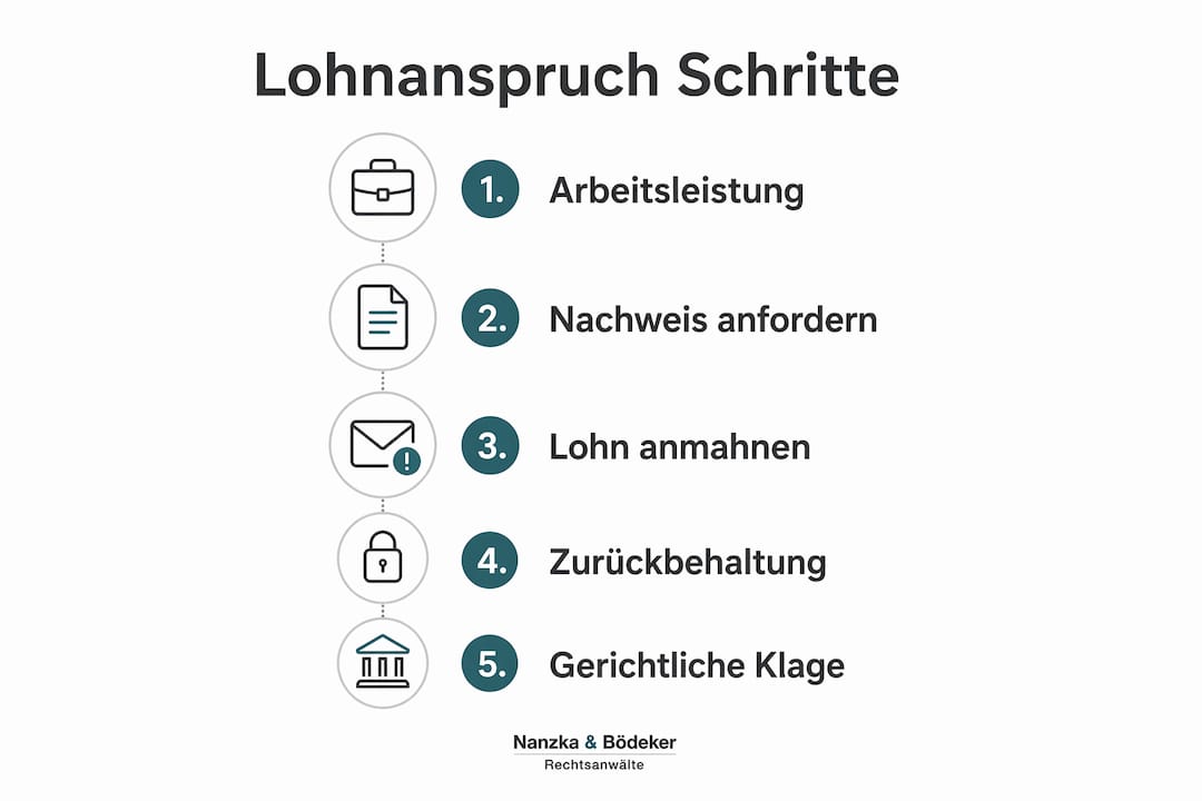 So sichern Sie sich Ihren Lohnanspruch ohne schriftlichen Arbeitsvertrag – Fünf Schritte im Überblick als Infografik