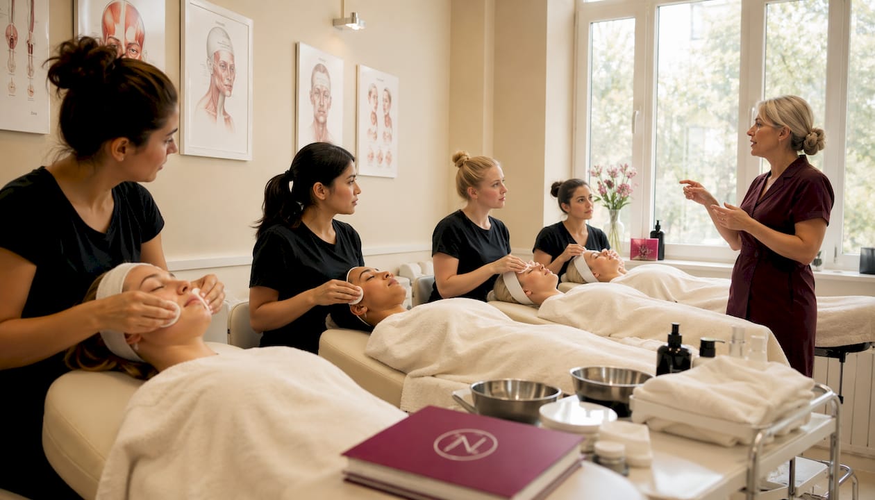 Im Unterricht üben die Schüler verschiedene Techniken der Gesichtsmassage.