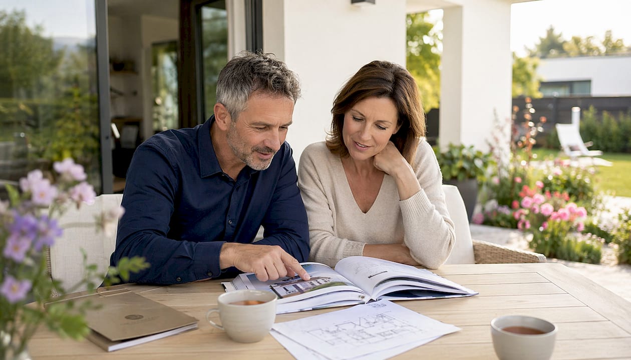 Ein Paar informiert sich gemeinsam in einem Katalog über verschiedene Möglichkeiten, das eigene Zuhause energieeffizient zu gestalten.