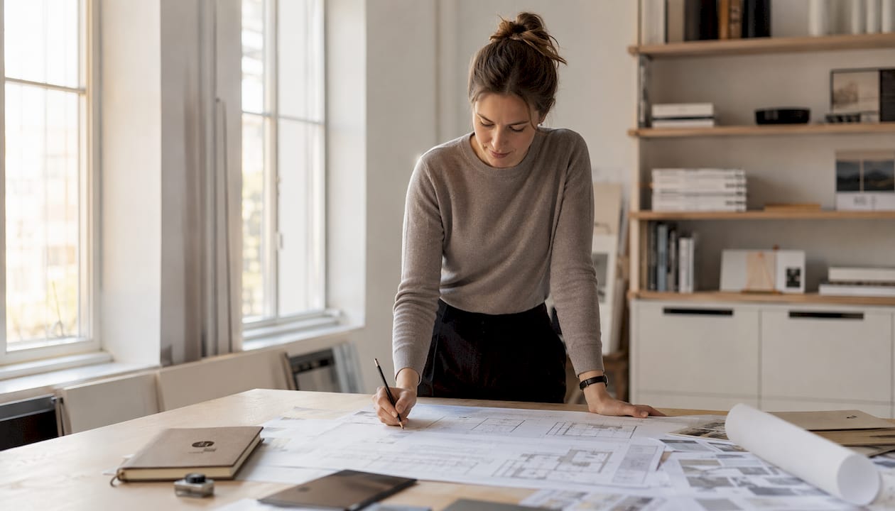 Am Schreibtisch entwirft die Architektin den Zeitplan für das Bauprojekt.