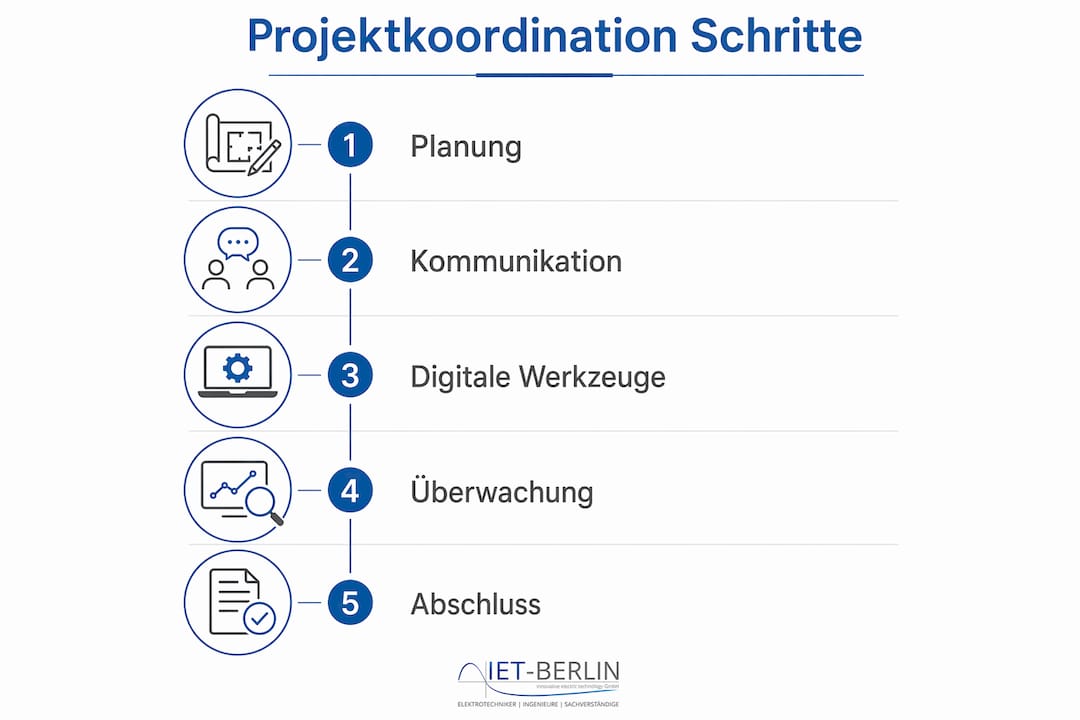 Die Infografik veranschaulicht die einzelnen Schritte der Projektkoordination auf einen Blick.