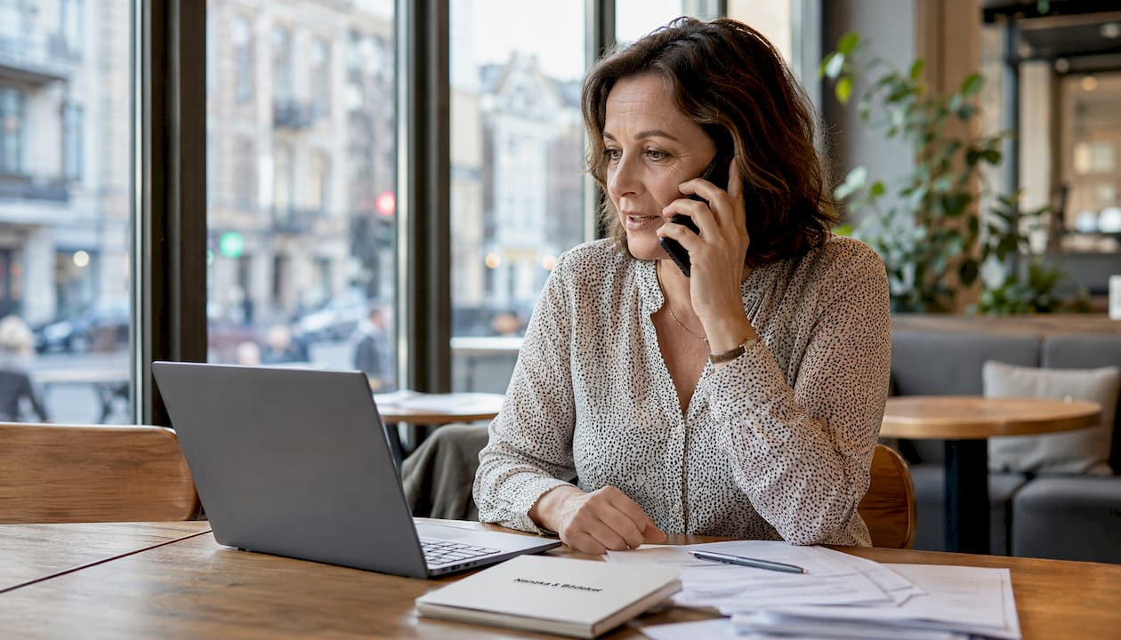 Eine Mitarbeiterin führt im Büro ein Telefonat mit einem Kunden.