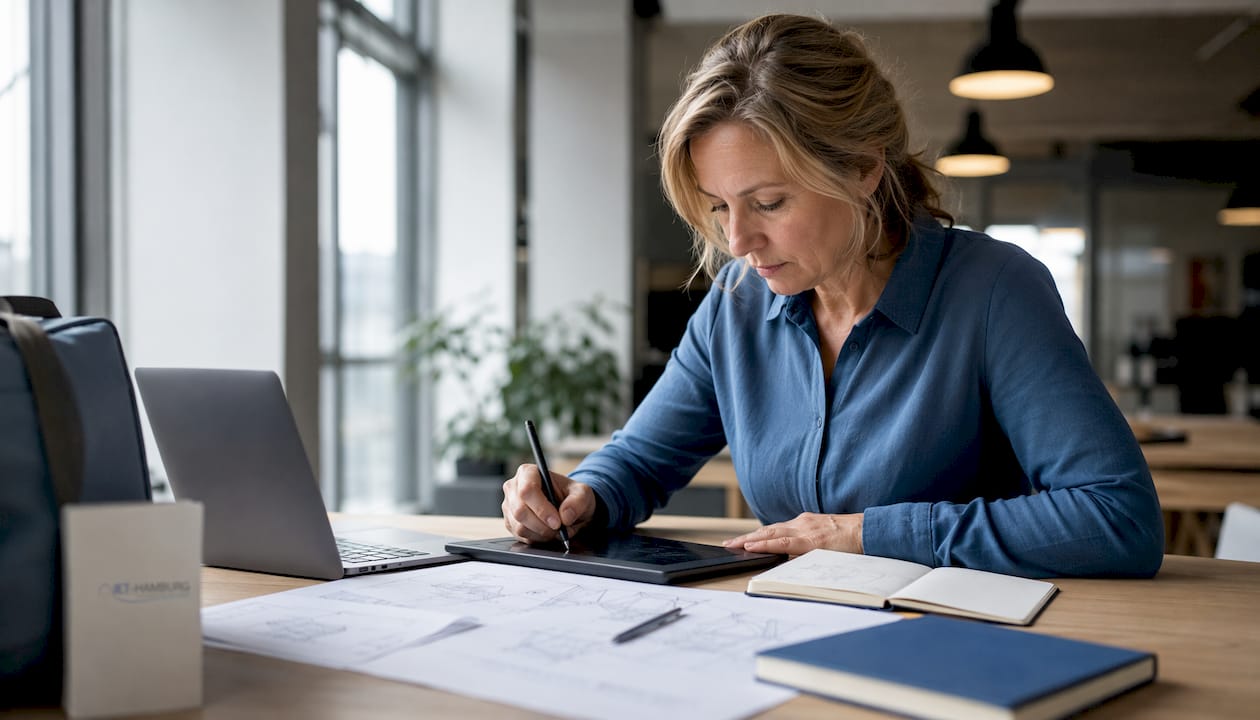 Mit einem digitalen Stift gestaltet eine Person auf einem Grafiktablett kreative Inhalte.