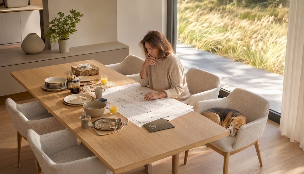 Wohnzimmer eines großzügigen, modernen Hauses im puristischen Stil