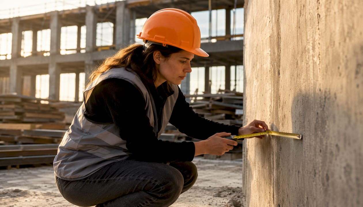 Ein Bauingenieur begutachtet die Bauarbeiten an einem modernen, groß dimensionierten Wohnhaus.