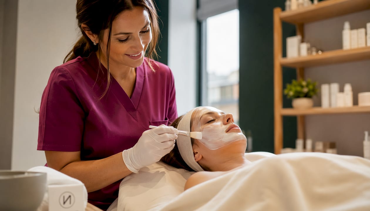 Definition Beauty-Berufe: Was Quereinsteiger wissen müssen 2 Eine Kosmetikerin trägt in einem Wellnessstudio eine pflegende Gesichtsmaske auf.