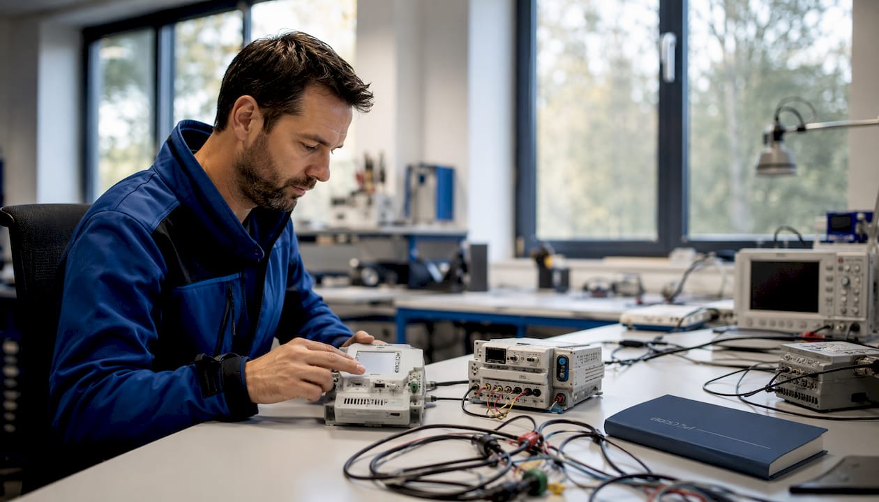 Eine Person prüft mit den Händen das Smart Meter Gateway und die Steuerbox.