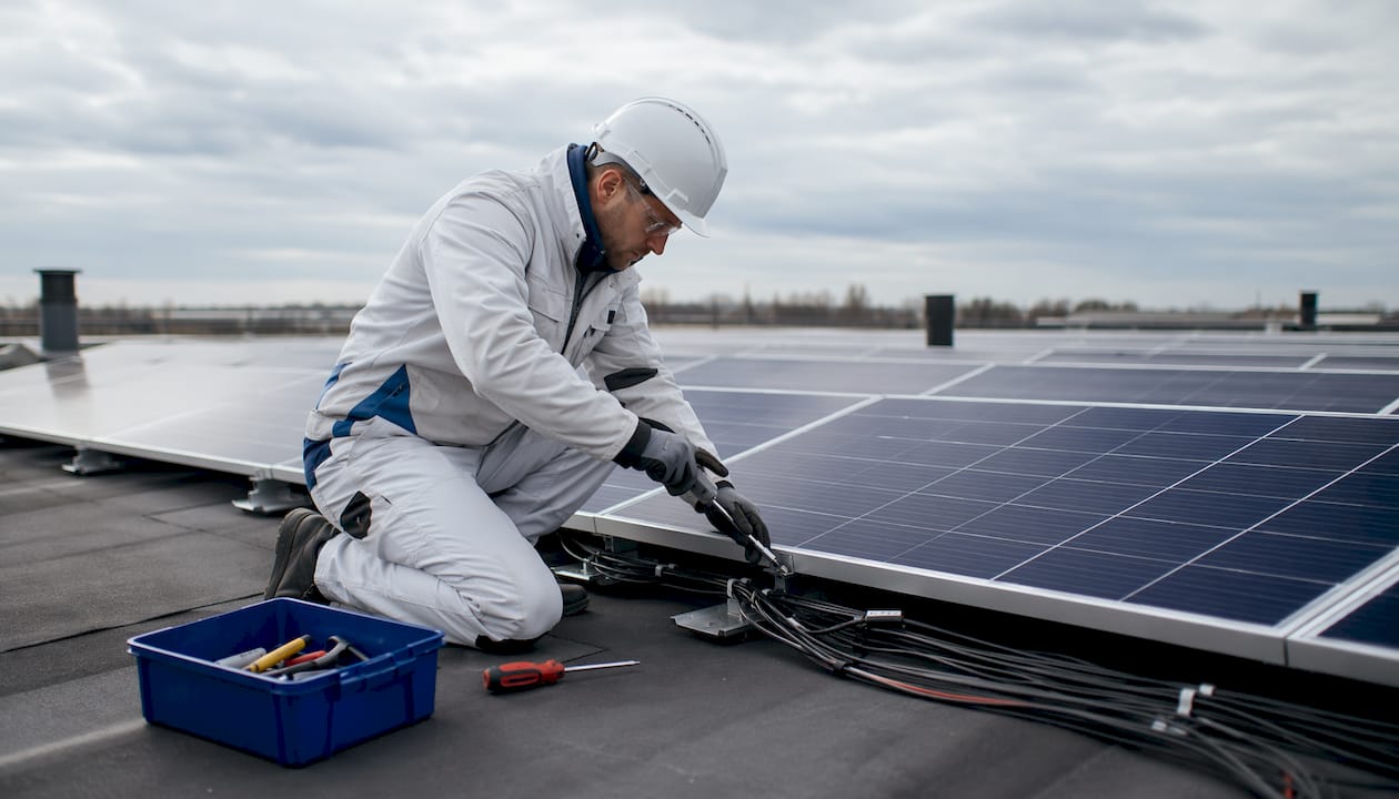 Hände stecken Solarkabel zusammen