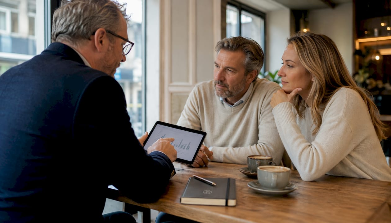 Ein Finanzberater informiert über verschiedene Möglichkeiten der Immobilienfinanzierung und erläutert, welche Kreditmodelle am besten zu den individuellen Bedürfnissen passen.