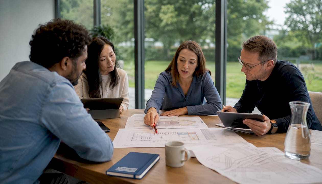 Das Projektteam bespricht gemeinsam die Ergebnisse des BIM-Kollisionsberichts.