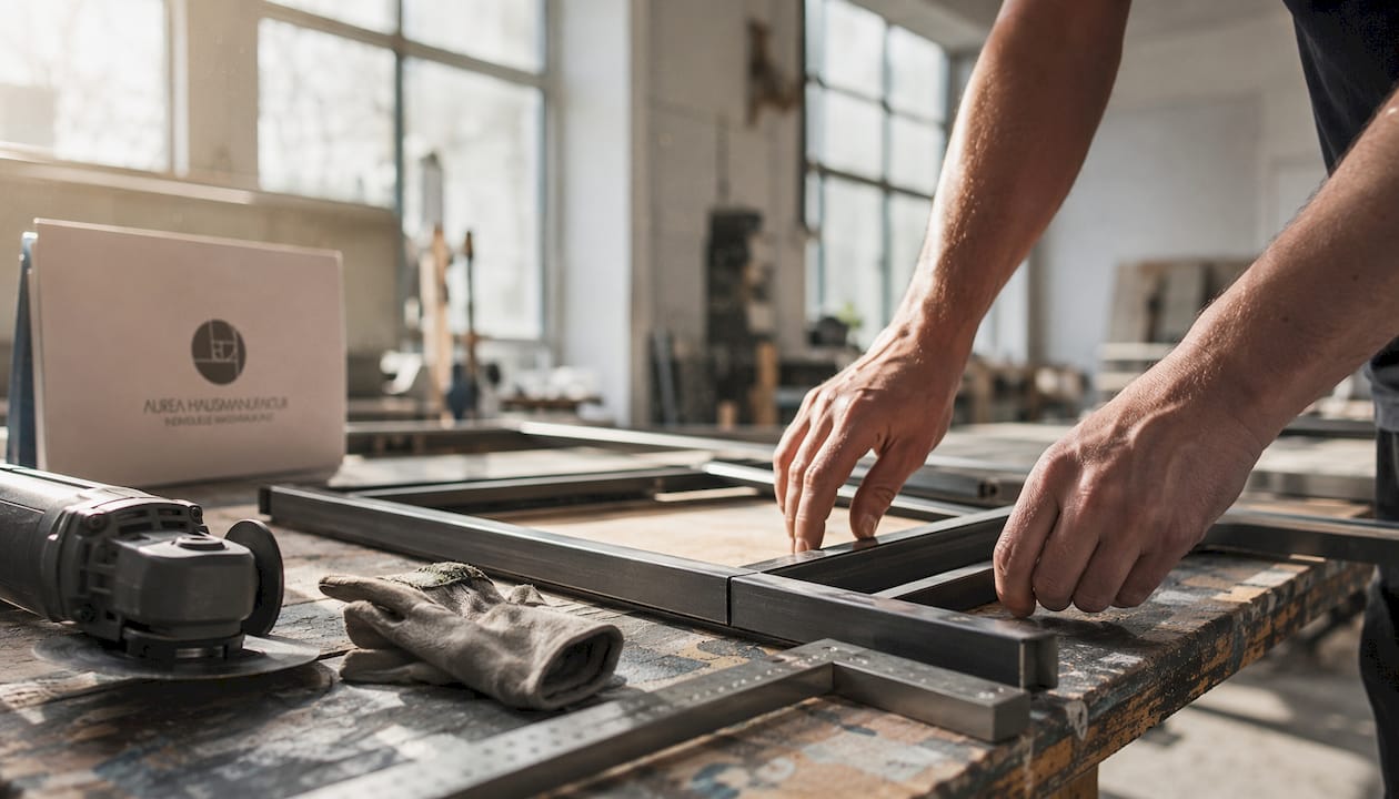 Fertigung eines Fensterrahmens aus Stahlprofilen in sorgfältiger Handarbeit